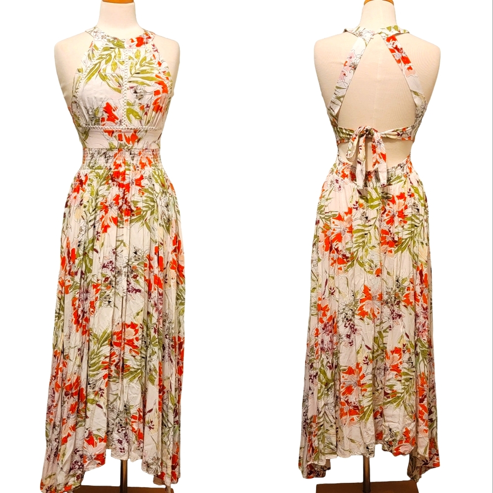 Able The Label By Anthropologie Floral Halter Backless Slit Maxi Dress